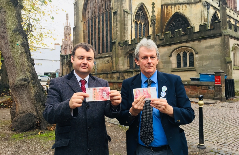 Councillors Ridley and Bailey near Holy Trinity Church in Coventry