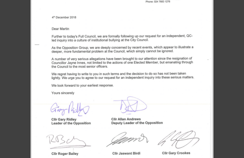 Letter to council leader and CEO 